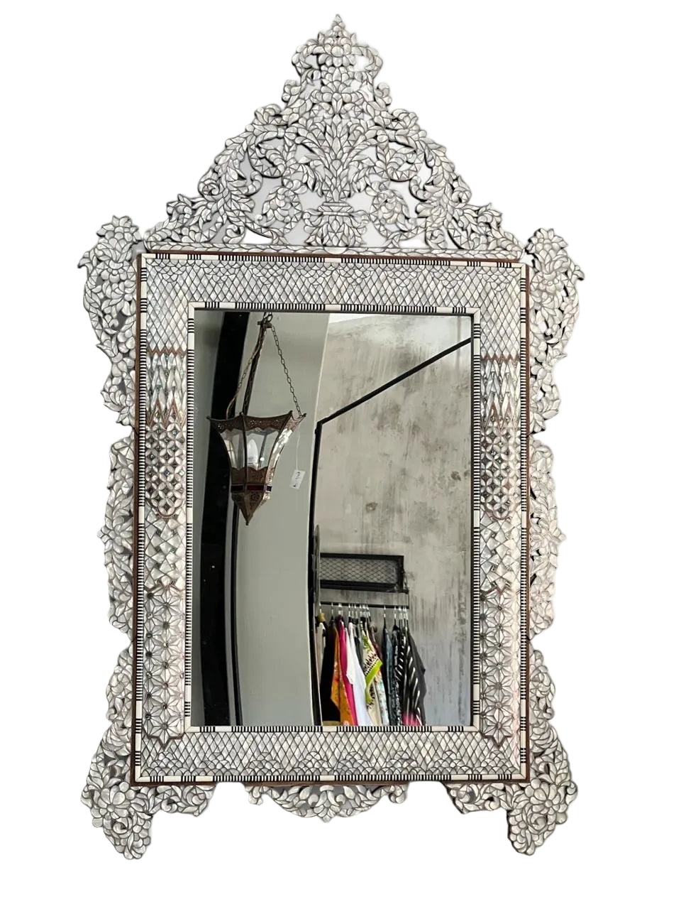 Mirror With Crown Perforated Solid Walnut Wood Inlay Seashell Mother Of Pearl With Tin