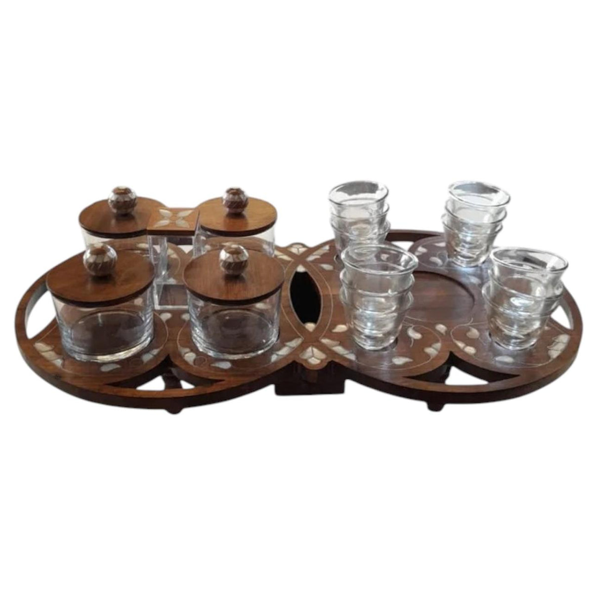 Organizer Tray Coffee Set Round Solid Walnut Wood with inlay Seashell Mother of Pearl and Tin ( 4 Bowls ,12 coffee cups , Tissue Box , Toothpick Box)D52H29cm