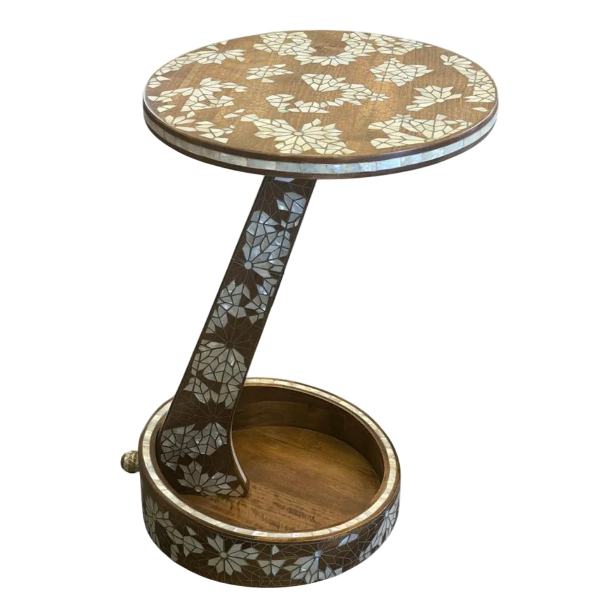 Side Table Solid Walnut Wood Inlay Seashell Mother Of Pearl With Tin On Top And Base