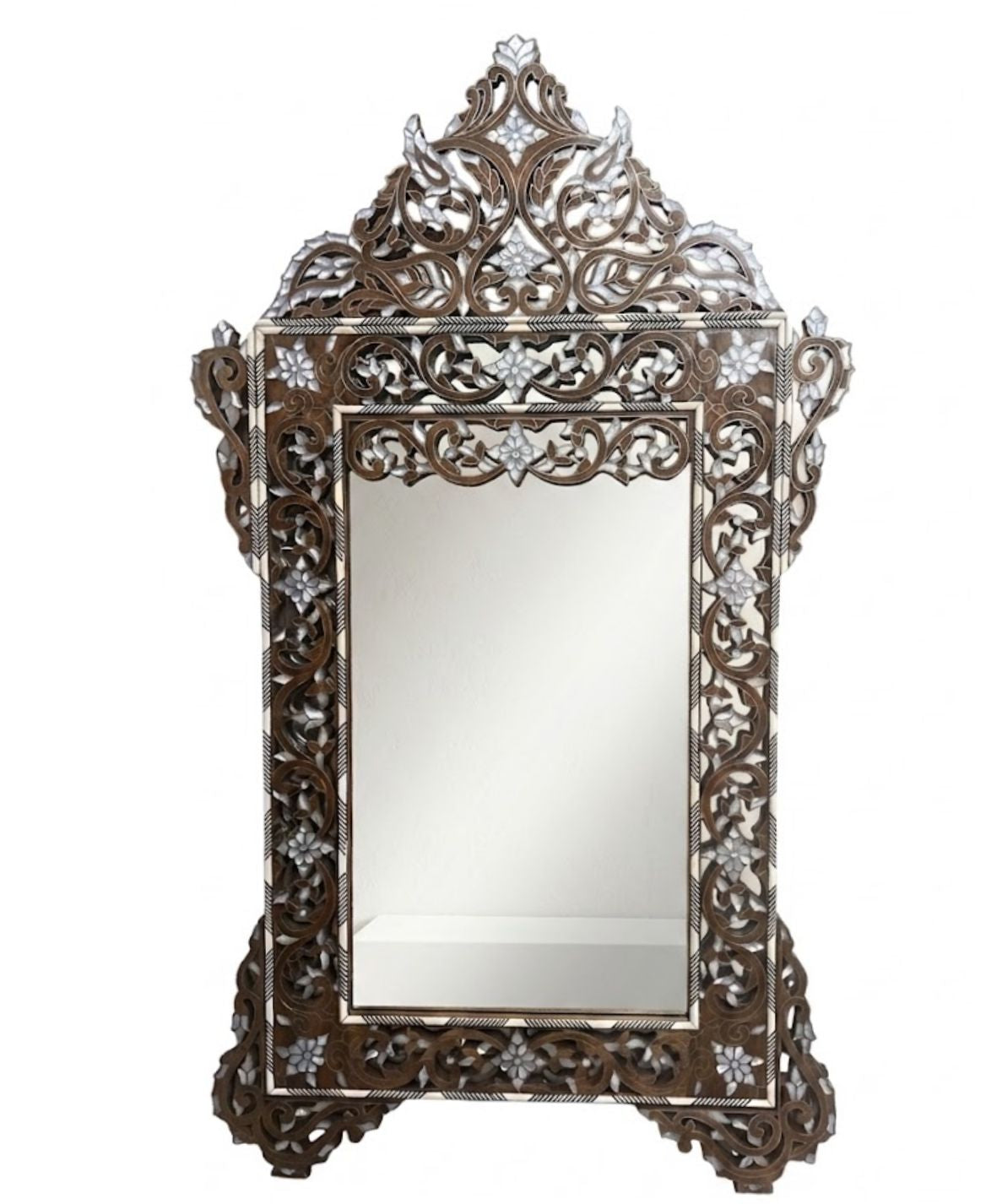Mirror With Crown Perforated Solid Walnut Wood Inlay Seashell Mother Of Pearl With Tin