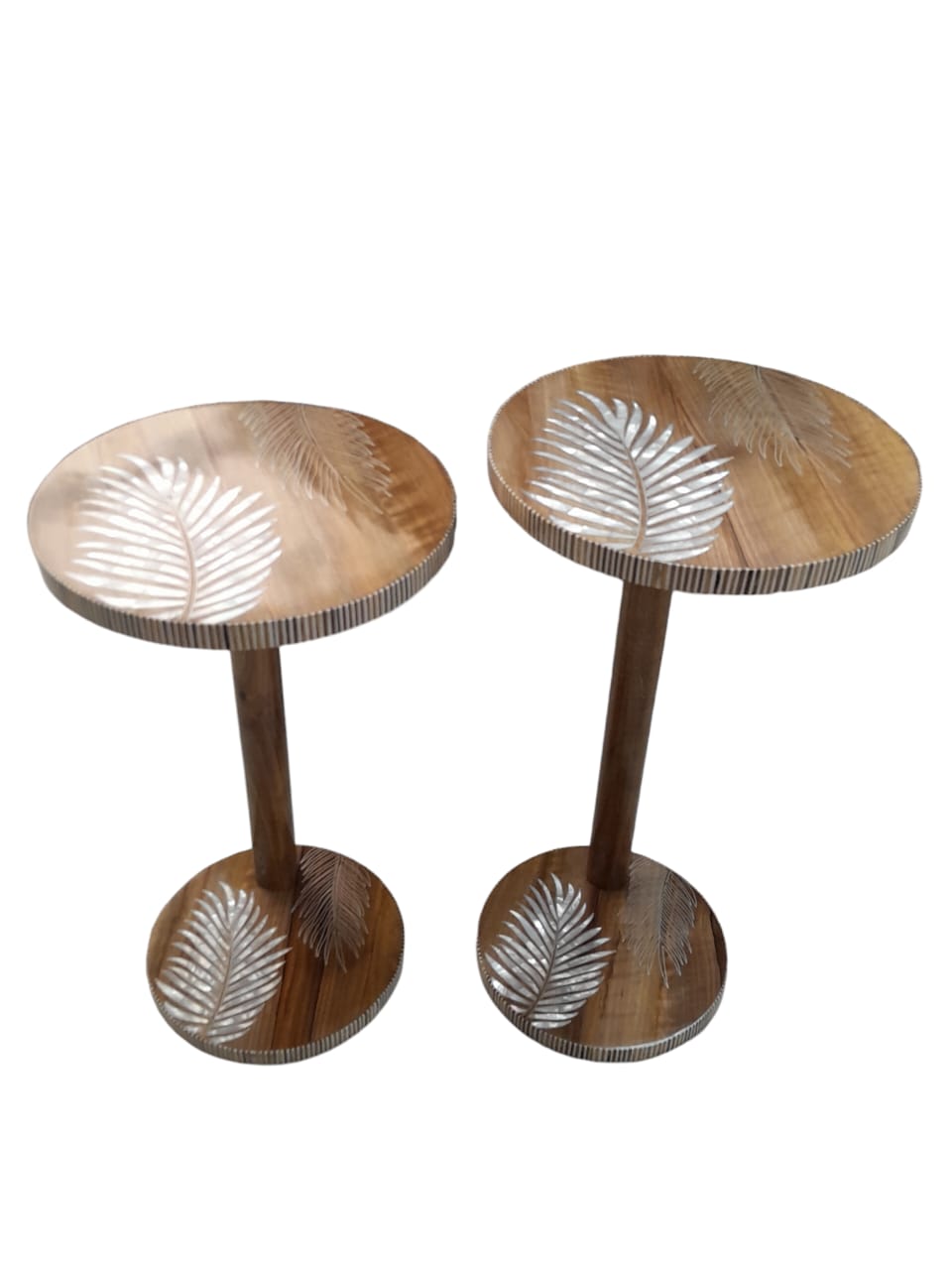 Side Table Solid Walnut Wood Inlay Seashell Mother Of Pearl With Tin On Top And Base