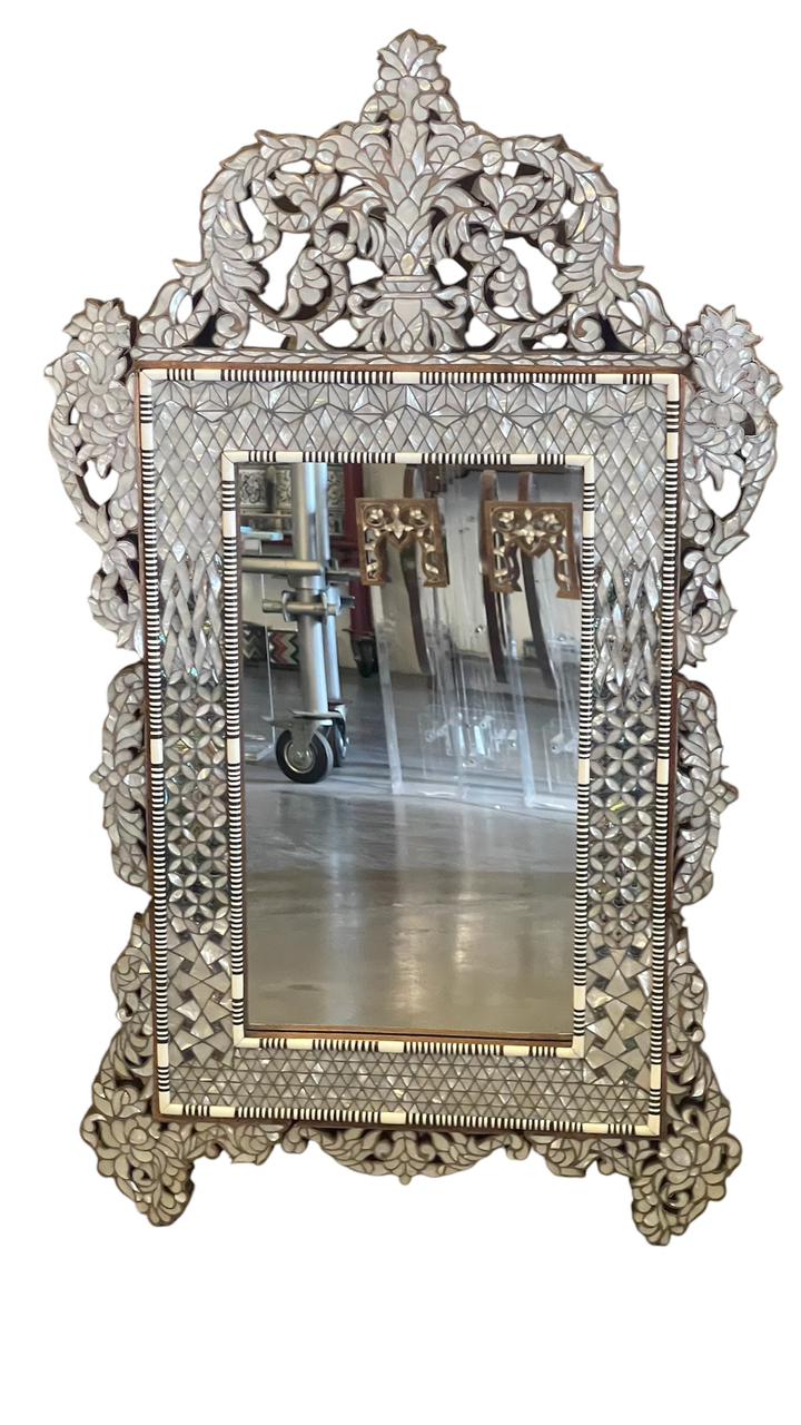 Mirror With Crown Perforated Solid Walnut Wood Inlay Seashell Mother Of Pearl With Tin