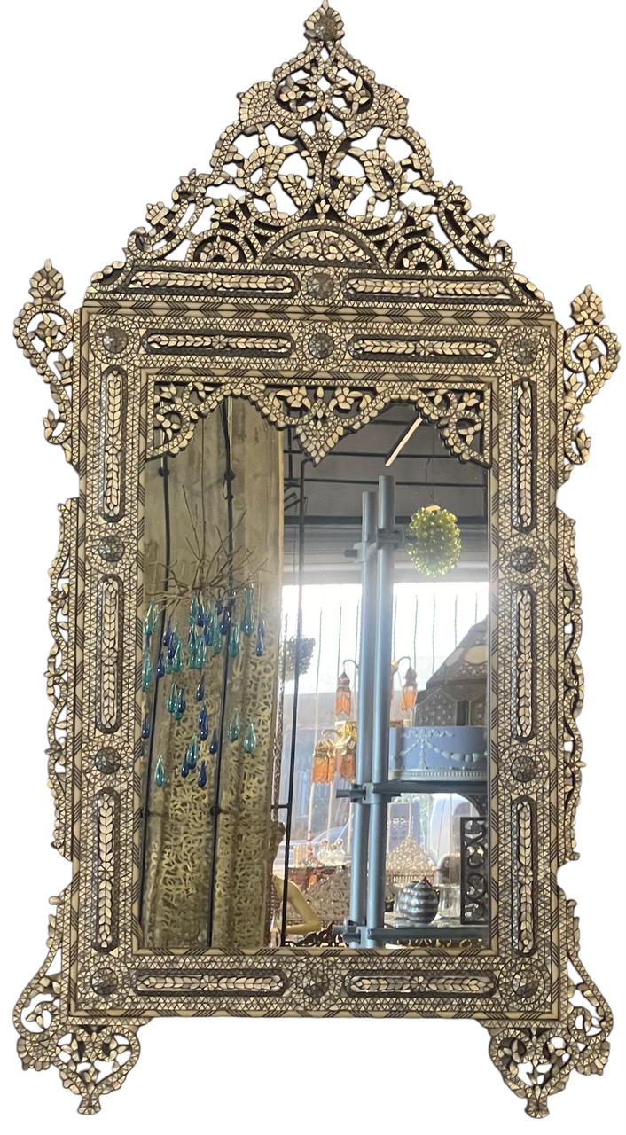 Mirror With Crown Perforated Solid Walnut Wood Inlay Seashell Mother Of Pearl With Tin