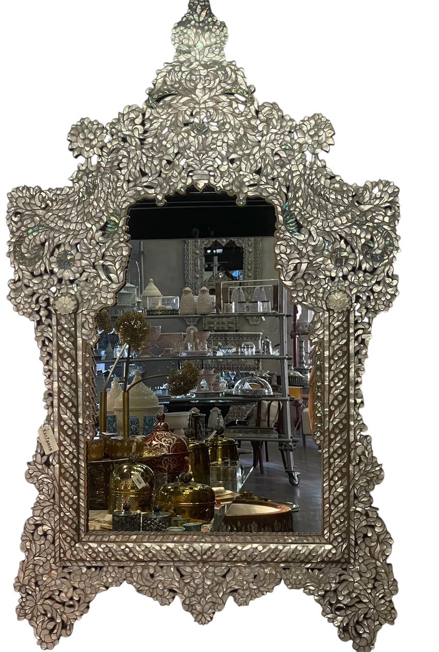 Mirror With Crown Perforated Solid Walnut Wood Inlay Seashell Mother Of Pearl With Tin