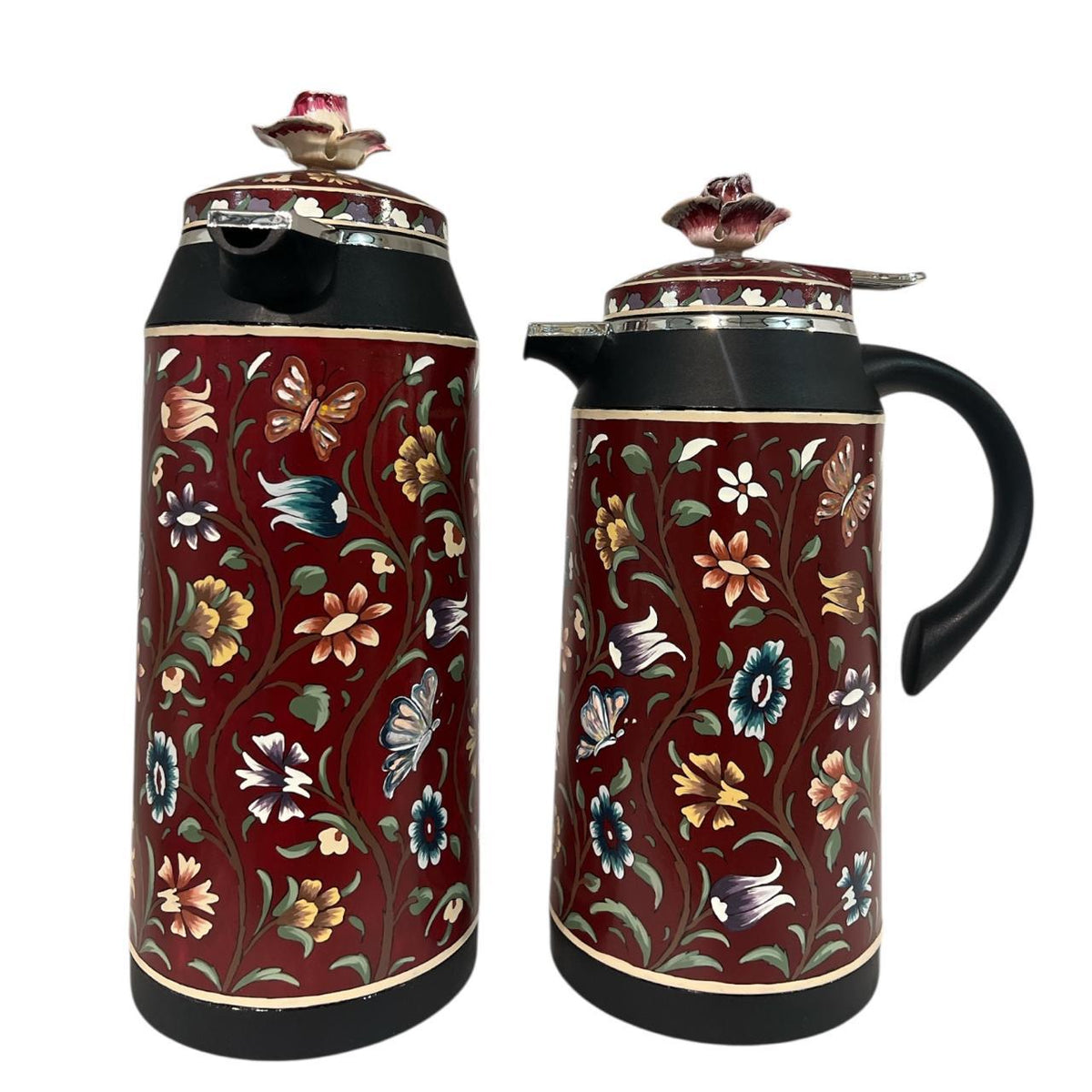 Set 2 Thermos Hand Painted Colored With Flower On Top (1L-1.3L)