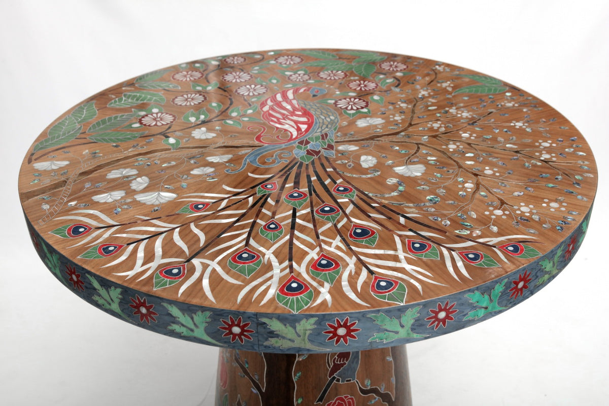 Table Round Colored Marquetry With Inlay Seashell Mother Of Pearl With Tin