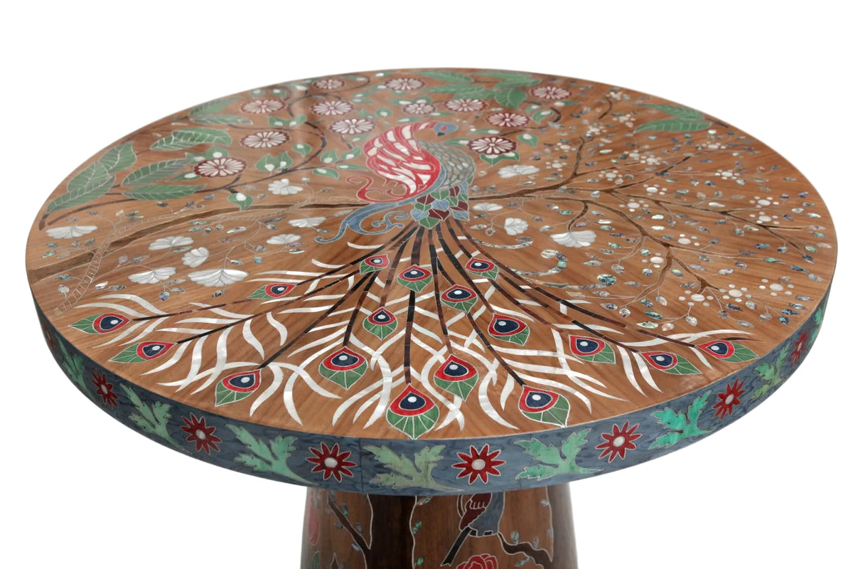 Table Round Colored Marquetry With Inlay Seashell Mother Of Pearl With Tin