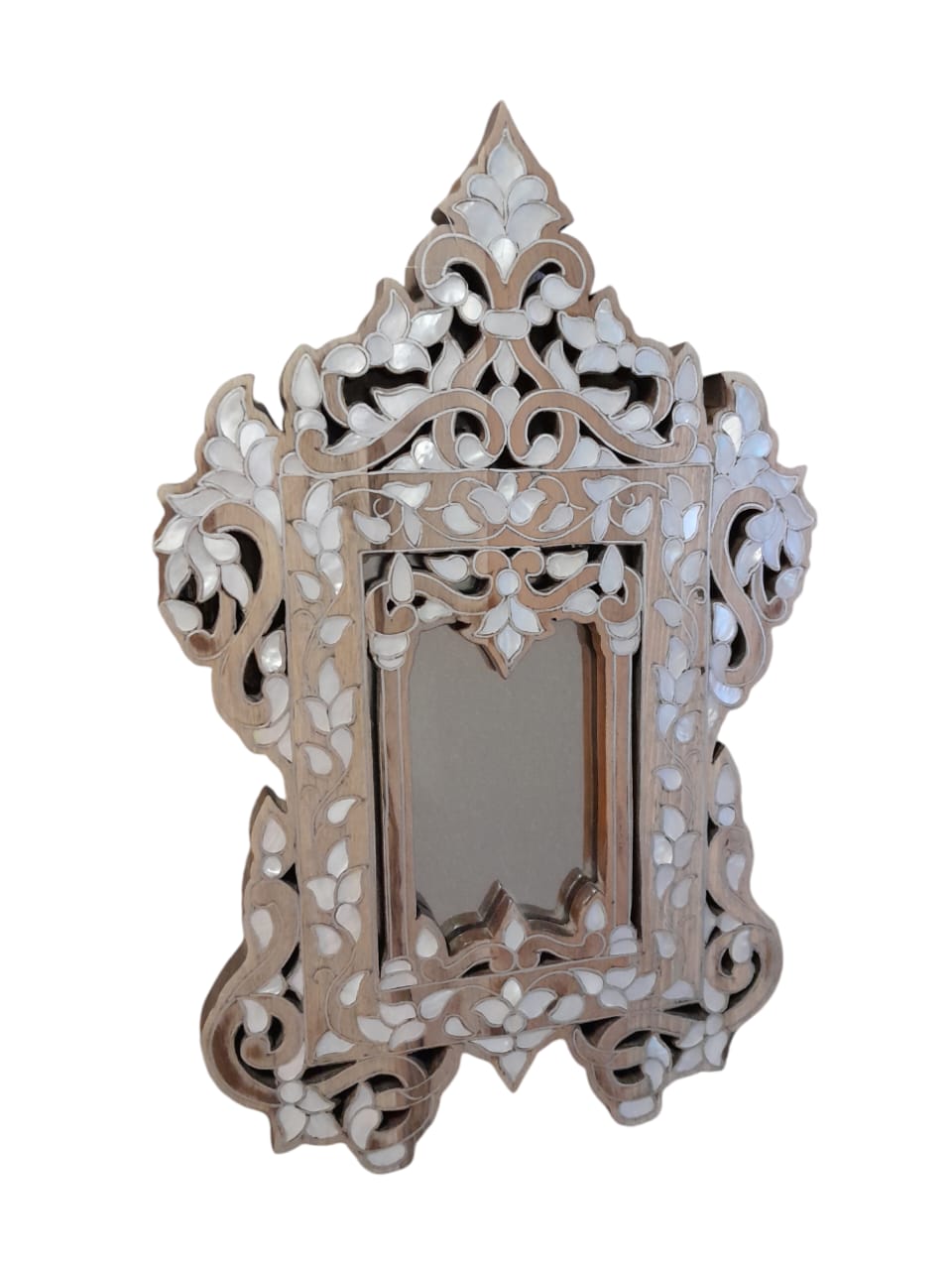 Mirror Small With Crown Perforated Solid Walnut Wood Inlay Seashell Mother Of Pearl With Tin