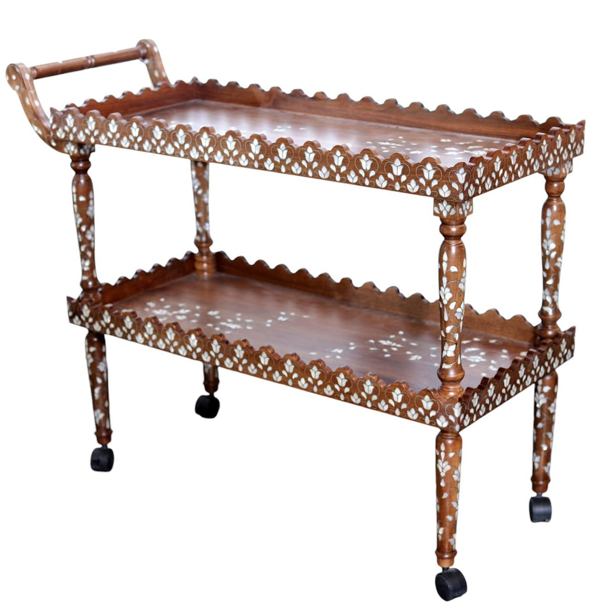 Trolley Rectangular Two Levels Solid Walnut Wood Inlay Seashell Mother Of Pearl With Tin
