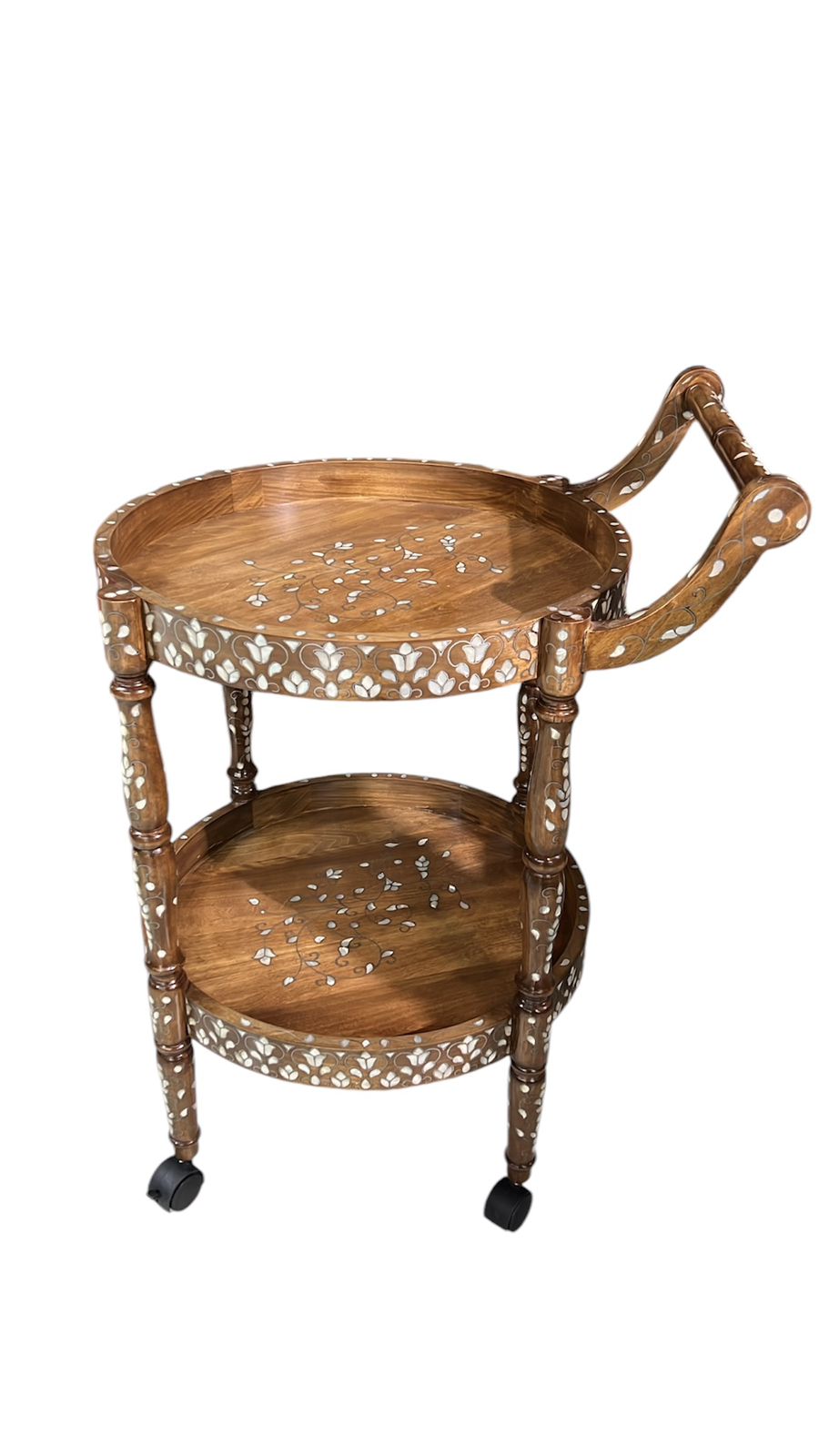 Trolley Round Two Levels Solid Walnut Wood Inlay Seashell Mother Of Pearl With Tin