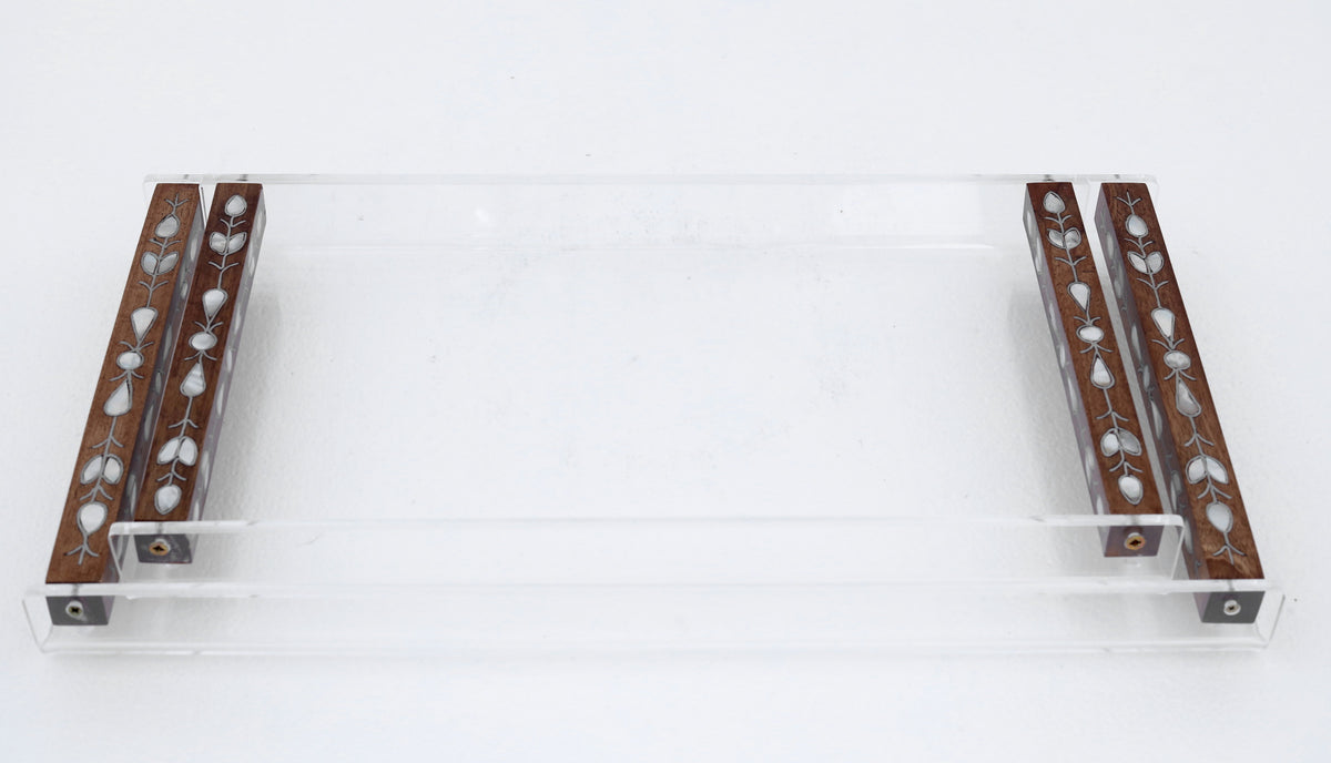 Tray Plexi with Handles Solid Walnut Wood with inlay Seashell Mother of Pearl and Tin