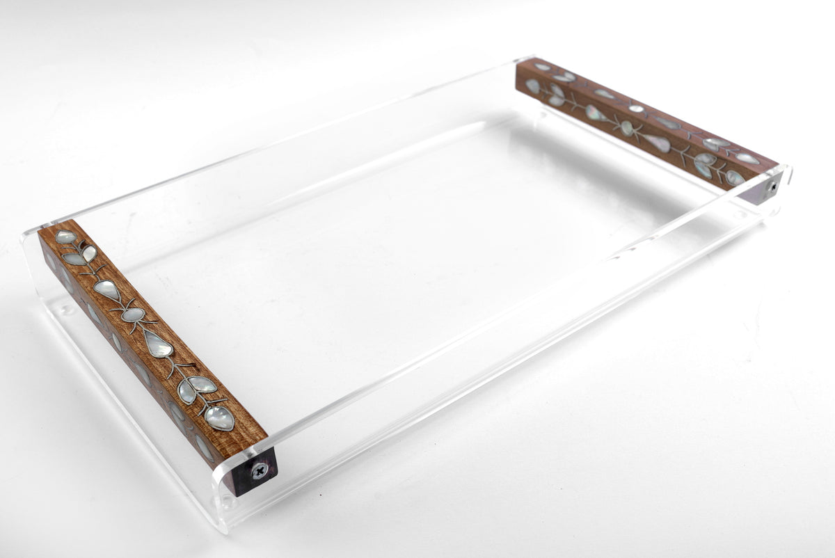 Tray Plexi with Handles Solid Walnut Wood with inlay Seashell Mother of Pearl and Tin