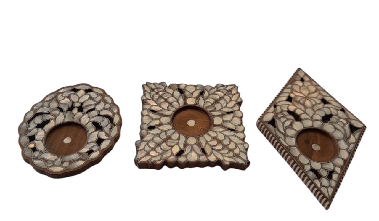 Coaster Perforated Solid Walnut Wood with Inlay Seashell Mother of Pearl