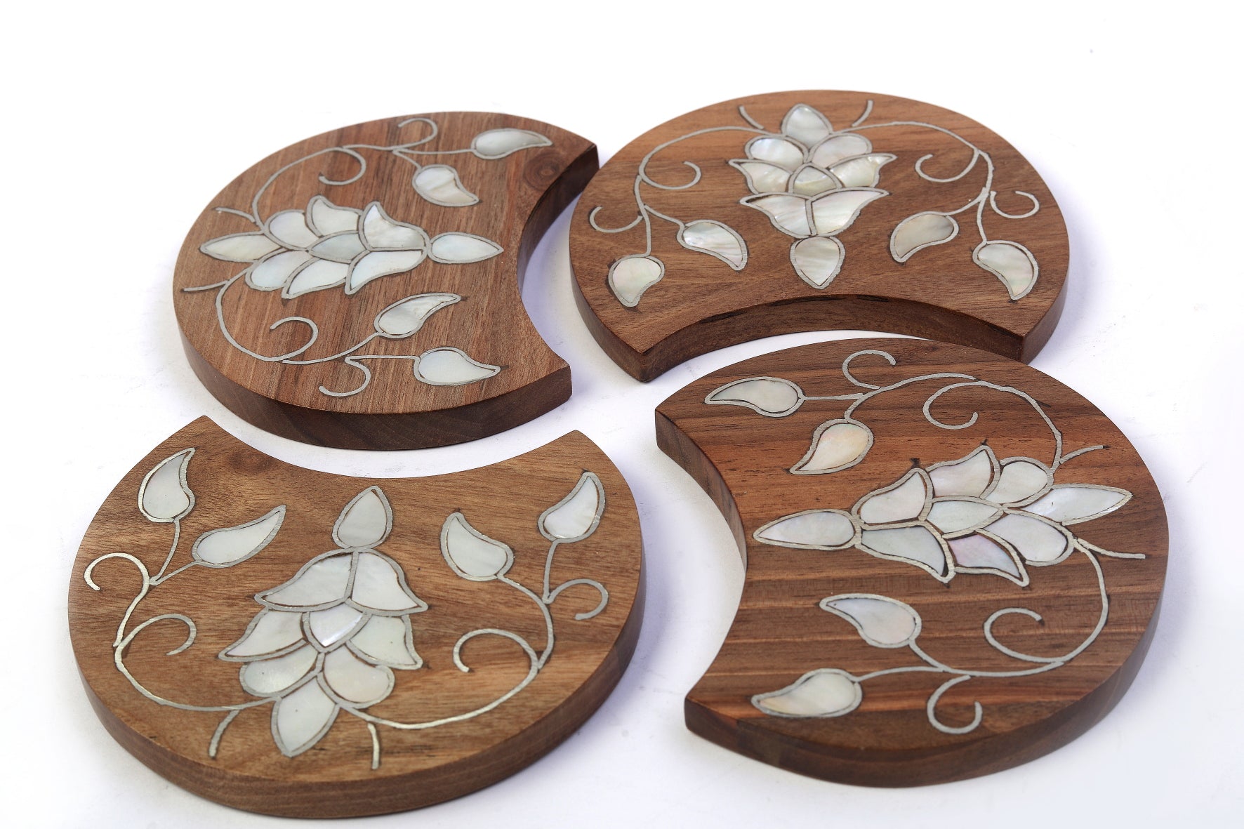Set Of 4 Coasters Solid Walnut Wood with Inlay Seashell Mother of Pearl
