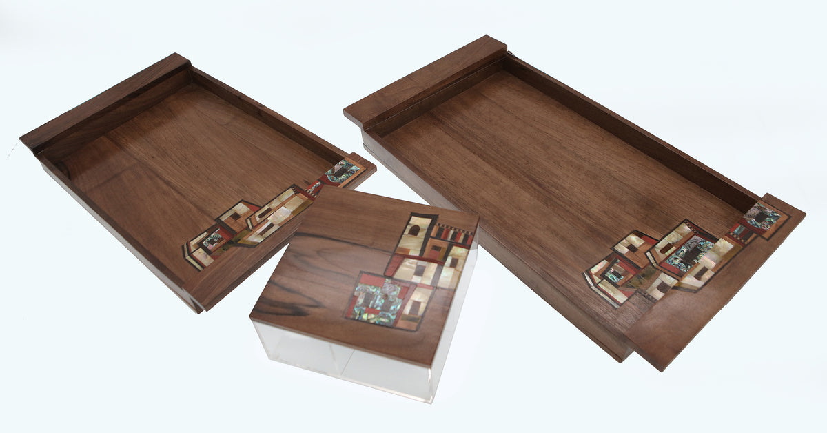 Tray Houses Solid Walnut Wood with Inlay Seashell Mother of Pearl and Marquetry