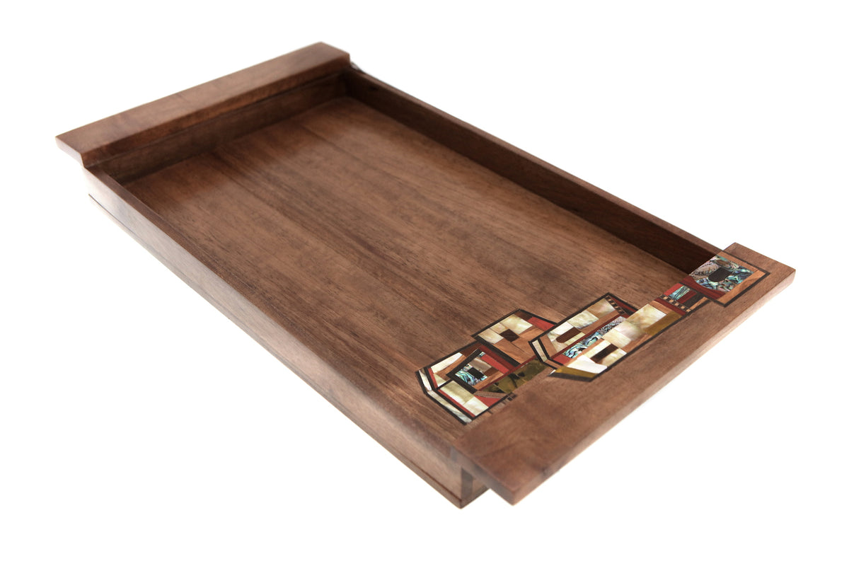 Tray Houses Solid Walnut Wood with Inlay Seashell Mother of Pearl and Marquetry