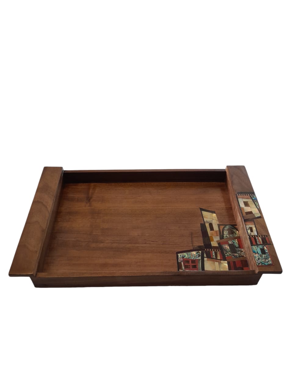Tray Houses Solid Walnut Wood with Inlay Seashell Mother of Pearl and Marquetry