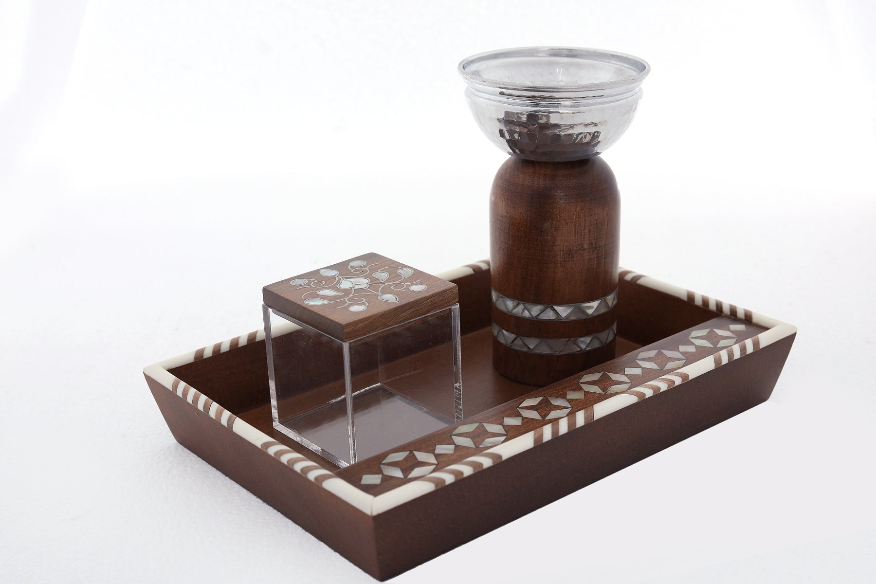Set Tray (28*20cm) + Mabkhara+ Box (7*7*7cm)  Solid Wood with Inlay Seashell Mother of Pearl