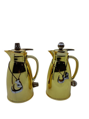 Set 2 Thermos Stainless Steel Gold (1 Liter) with Handle Solid Walnut Wood and Inlay Seashell Mother of Pearl