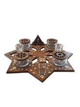 Organizer Tray Coffee Set Star Solid Walnut Wood with inlay Seashell Mother of Pearl and Tin ( 4 Bowls , 6 coffee cups , Napkin Holder , Toothpick Box) D58H58cm