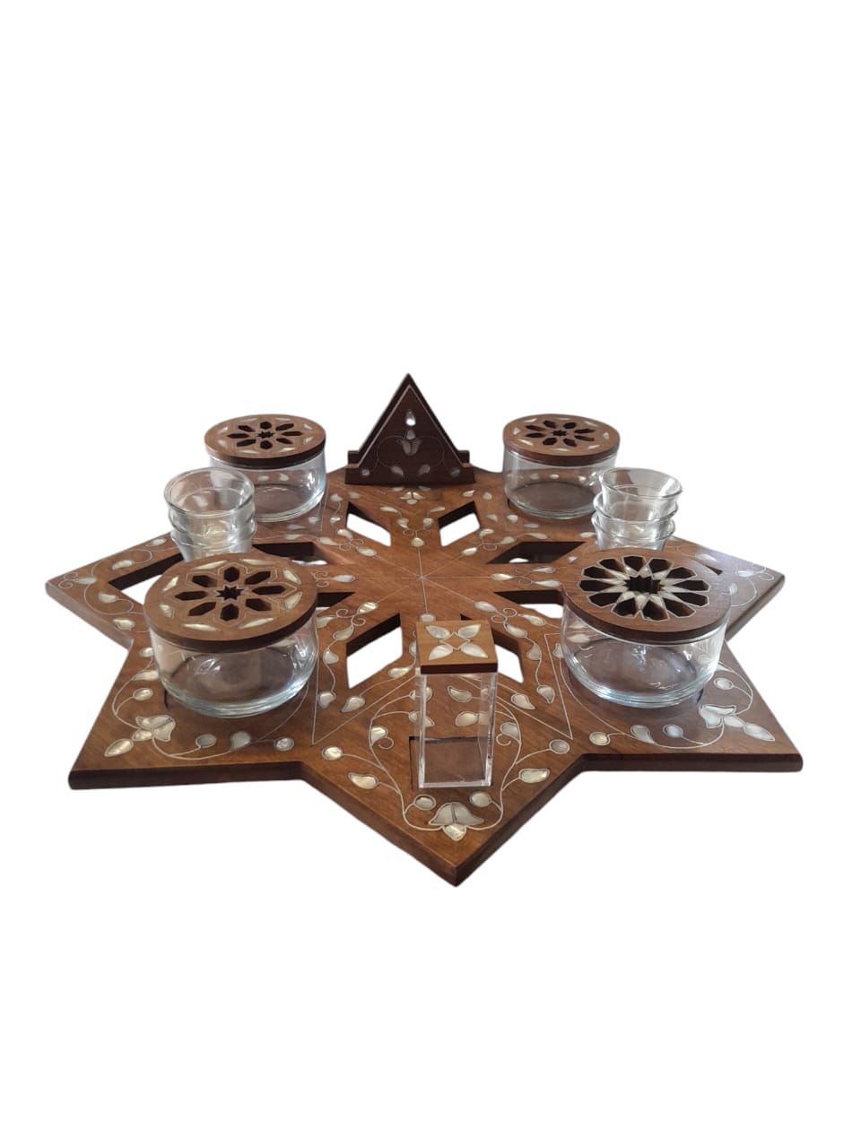 Organizer Tray Coffee Set Star Solid Walnut Wood with inlay Seashell Mother of Pearl and Tin ( 4 Bowls , 6 coffee cups , Napkin Holder , Toothpick Box) D58H58cm