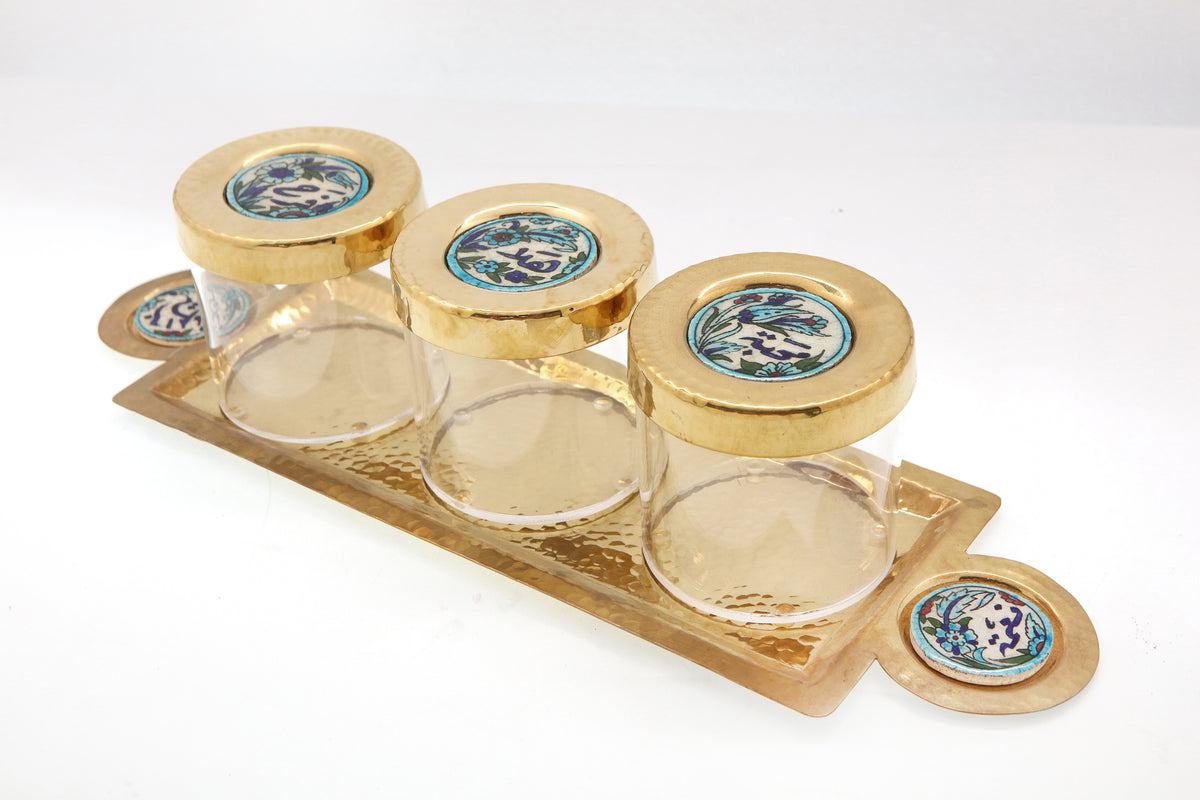 Tray (45*15cm) Hand Hammered +3 Boxes Plexi with Cover Brass with Qishani (D8H10cm)
