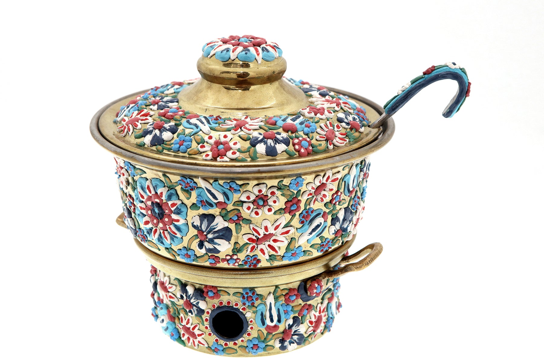 Heater Round with Stainless Steel Insert  + Candle Base Brass with Handmade Enamels D17cm (capacity 0,75Liters) and Spoon