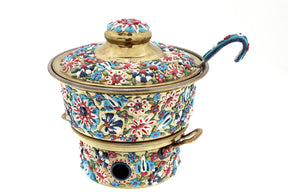 Heater Round with Stainless Steel Insert  + Candle Base Brass with Handmade Enamels D17cm (capacity 0,75Liters) and Spoon