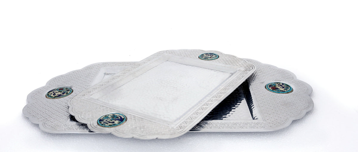 Set 2 Trays Hand Hammered Aluminum + Qishani (28*45cm,34*62cm)