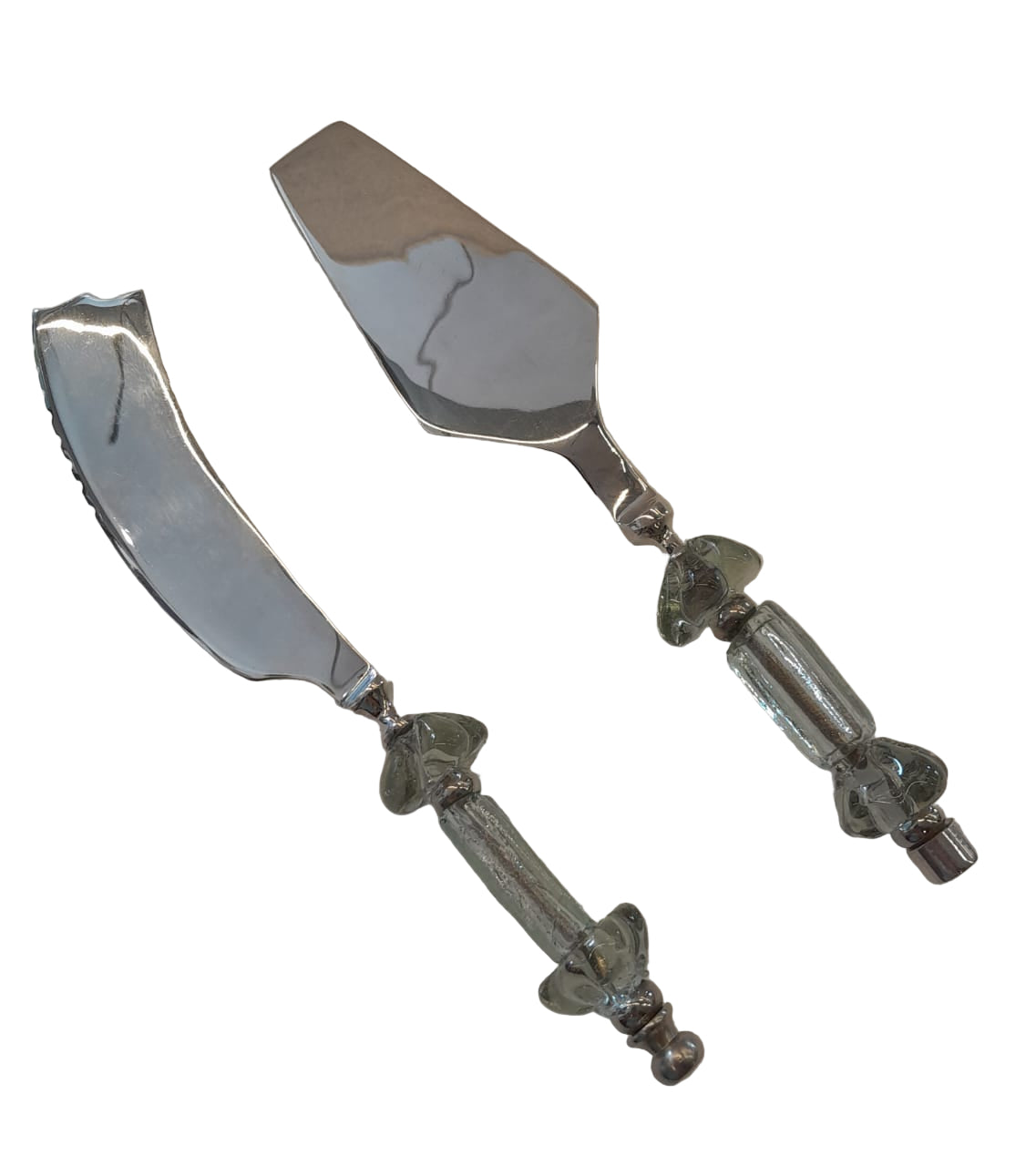 Cake Set Knife & Spatula Silver Plated Inlay Hand Blown Glass