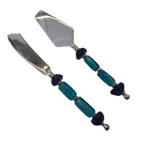 Cake Set Knife & Spatula Silver Plated Inlay Hand Blown Glass