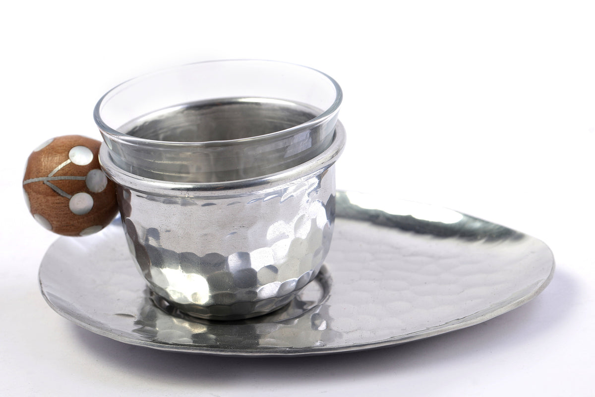 Arabic Coffee Cup Hand Hammered Aluminum + Saucer with Handle Wood with Inlay Mother of Pearl (6pcs)