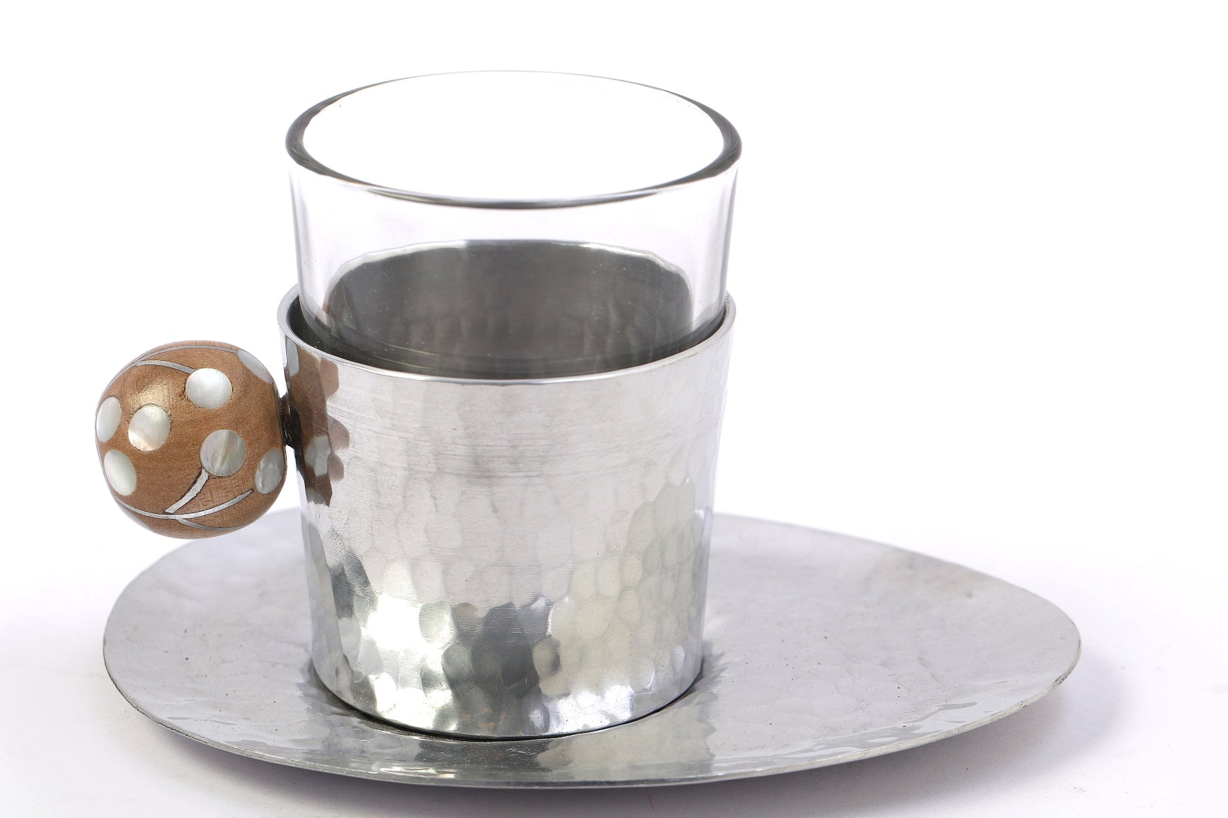 Cup Hand Hammered Aluminum + Saucer with Handmade Handle Wood with Inlay Mother of Pearl (6pcs)