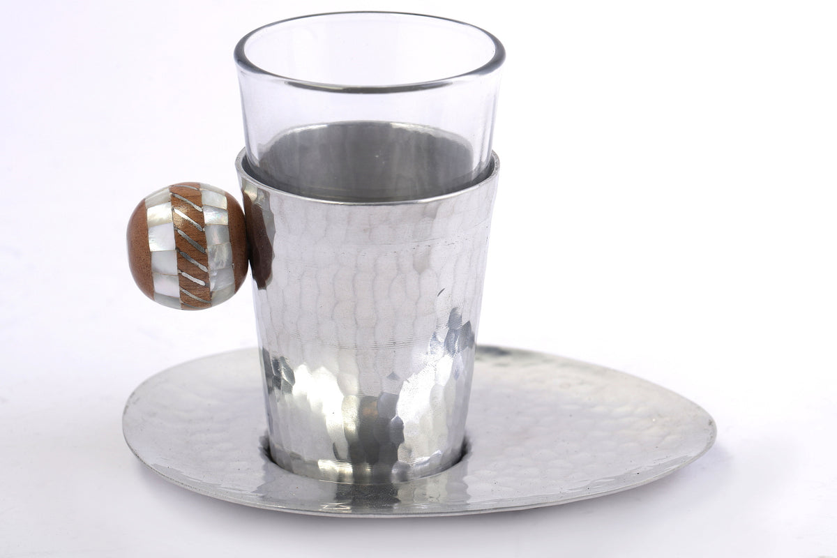 Tea Cup Hand Hammered Aluminum + Plate with Handmade Handle Wood with Inlay Mother of Pearl (6pcs)