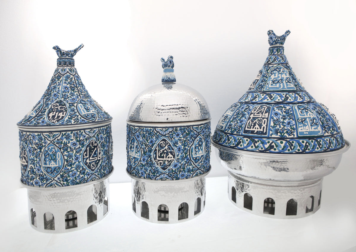 Heater Round Hand Hammered Aluminum with Blue Handmade Enamels with Stainless Steel Insert + Candle base Aluminum Arches