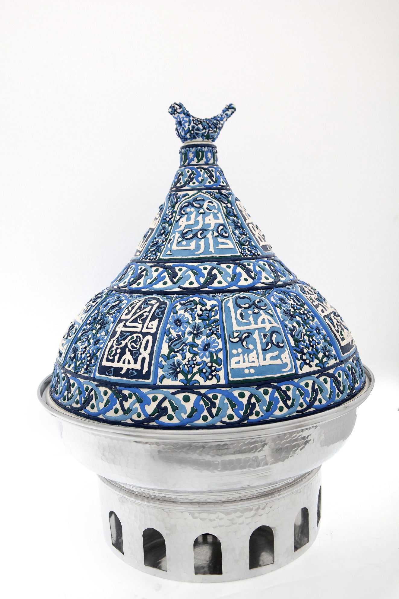 Heater Round Hand Hammered Aluminum with Blue Handmade Enamels with Stainless Steel Insert + Candle base Aluminum Arches