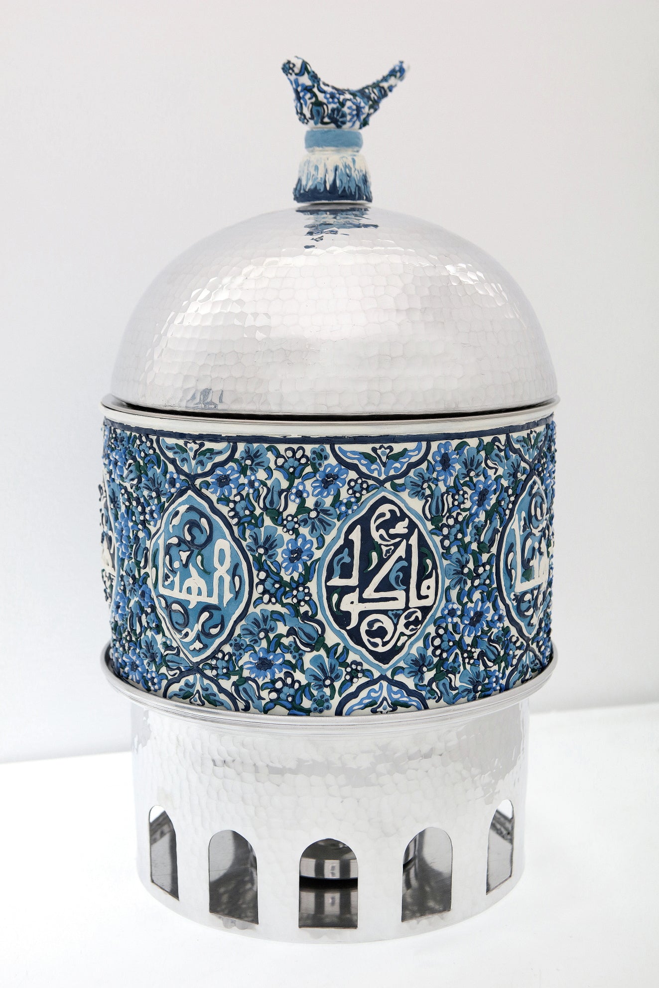Heater Round Hand Hammered Aluminum with Blue Handmade Enamels with Stainless Steel Insert + Candle base Aluminum Arches