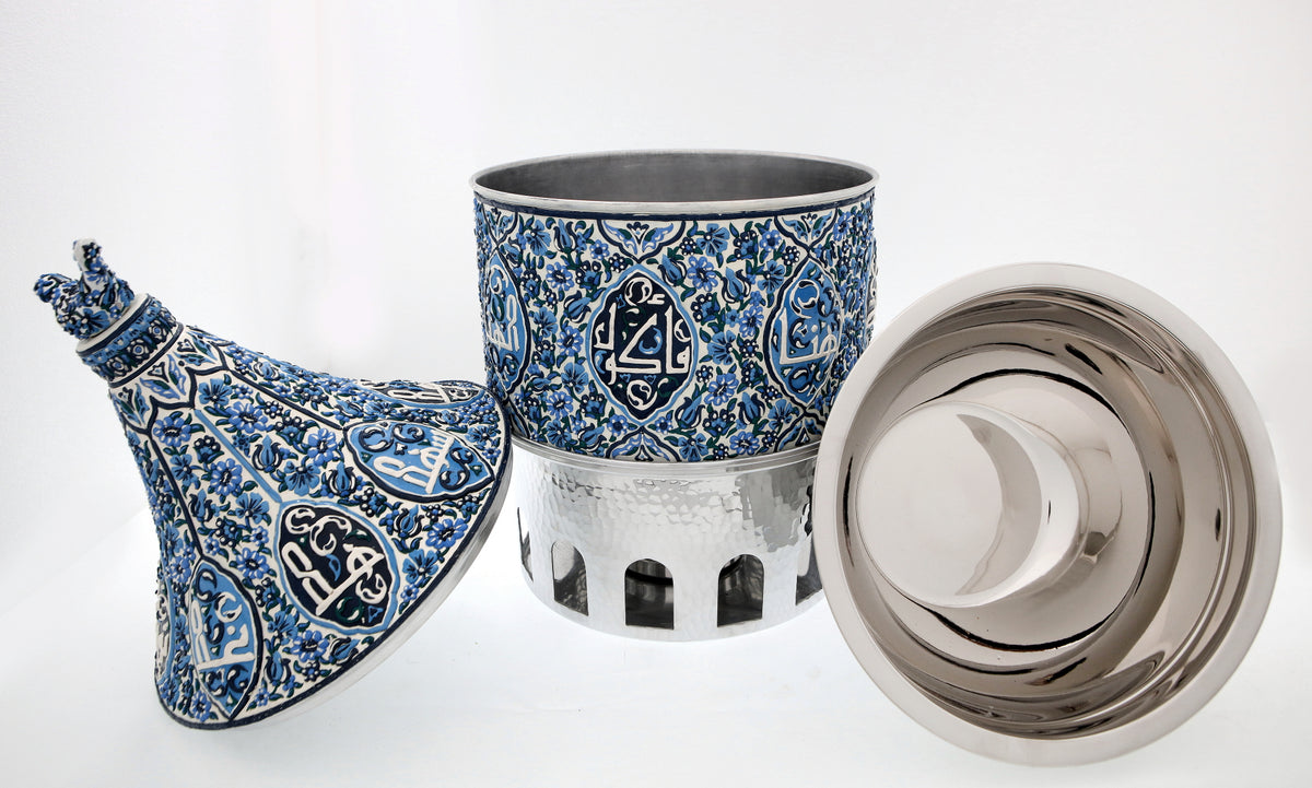 Heater Round Hand Hammered Aluminum with Blue Handmade Enamels with Stainless Steel Insert + Candle base Aluminum Arches