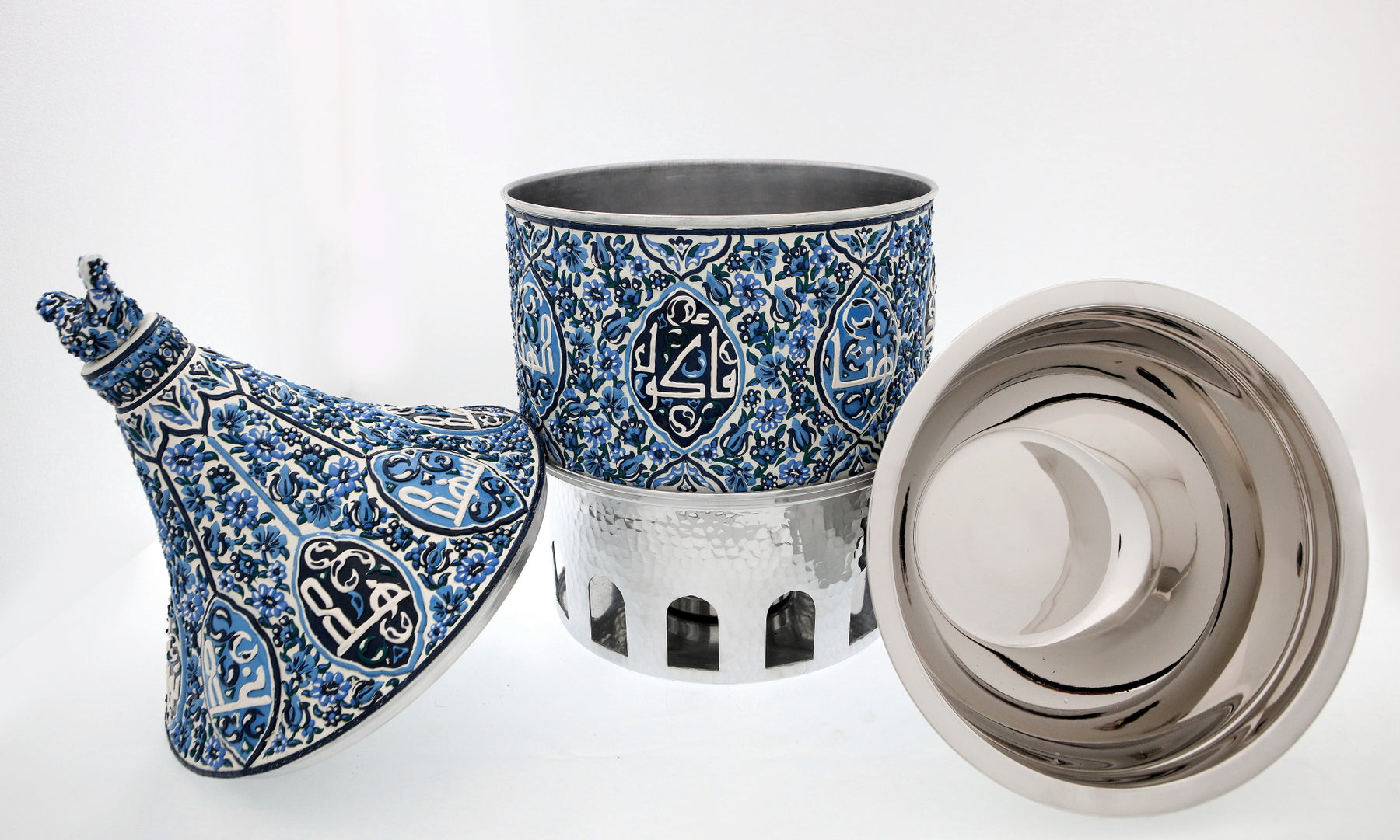 Heater Round Hand Hammered Aluminum with Blue Handmade Enamels with Stainless Steel Insert + Candle base Aluminum Arches