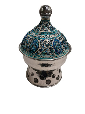 Heater Round Hand Hammered Aluminum with Blue Handmade Enamels with Stainless Steel Insert + Candle base Aluminum Arches