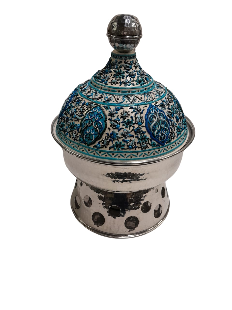 Heater Round Hand Hammered Aluminum with Blue Handmade Enamels with Stainless Steel Insert + Candle base Aluminum Arches