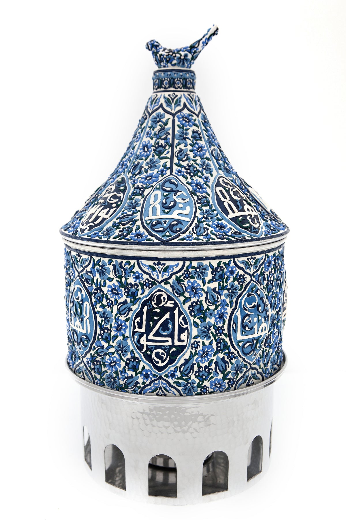 Heater Round Hand Hammered Aluminum with Blue Handmade Enamels with Stainless Steel Insert + Candle base Aluminum Arches