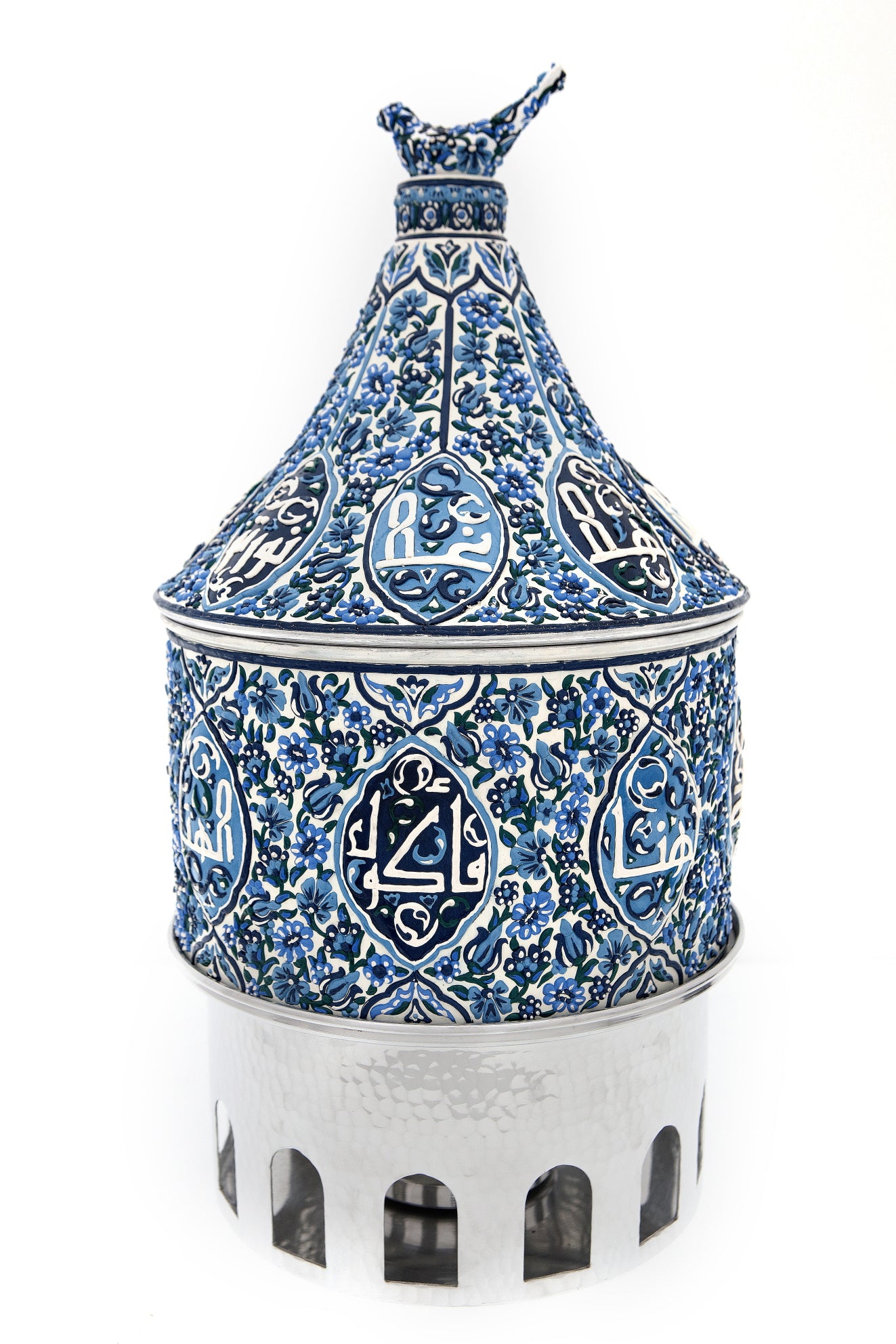 Heater Round Hand Hammered Aluminum with Blue Handmade Enamels with Stainless Steel Insert + Candle base Aluminum Arches