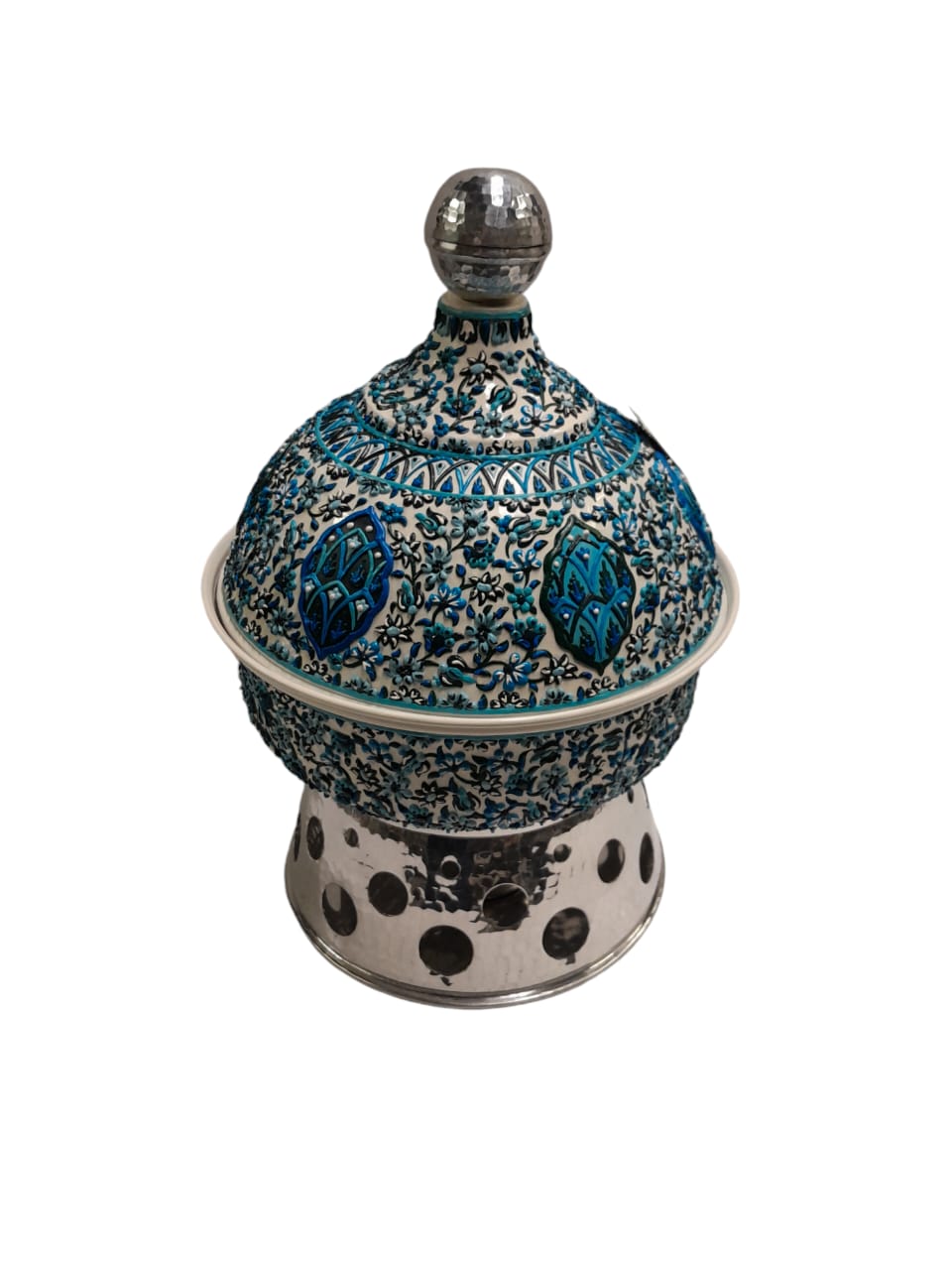 Heater Round Hand Hammered Aluminum with Blue Handmade Enamels with Stainless Steel Insert + Candle base Aluminum Arches