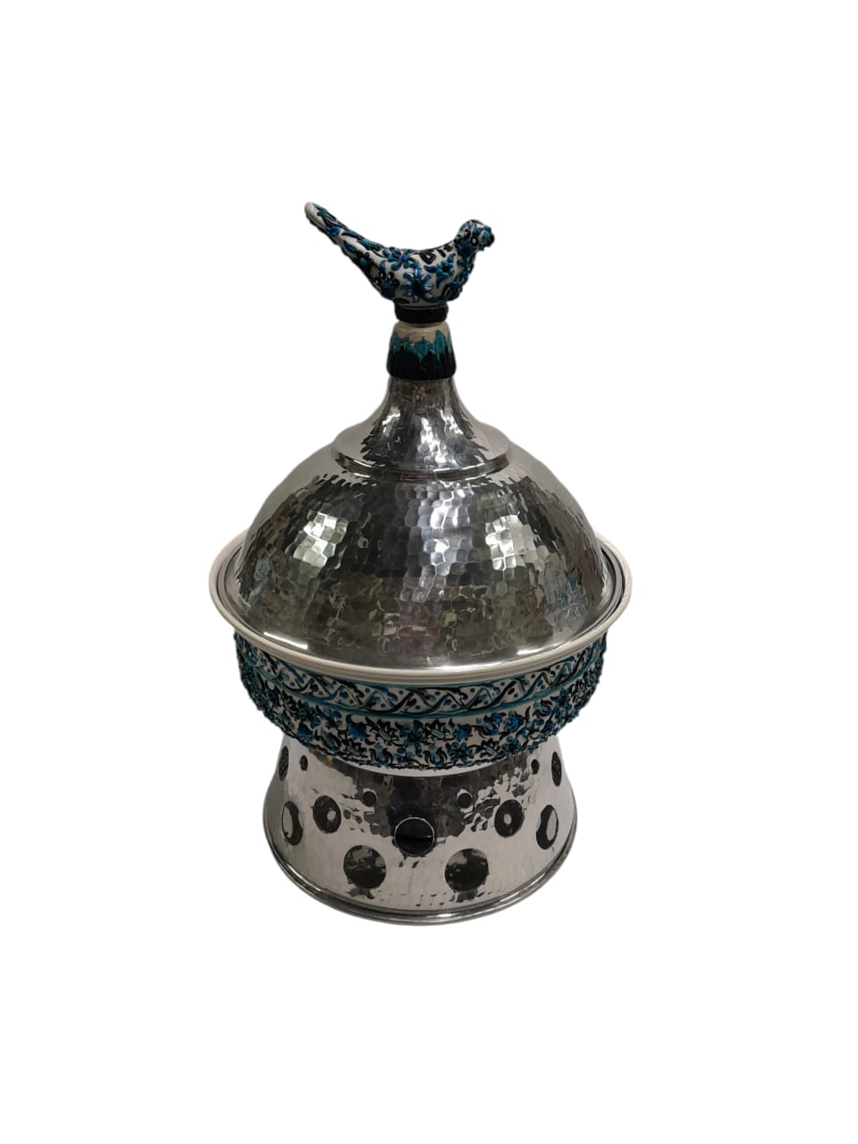 Heater Round Hand Hammered Aluminum with Blue Handmade Enamels with Stainless Steel Insert + Candle base Aluminum Arches