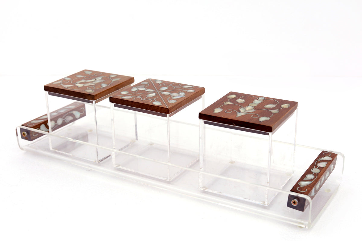Set Tray (39*14cm) + 3 Boxes (10*10*10cm) Solid Walnut Wood with Inlay Seashell Mother of Pearl