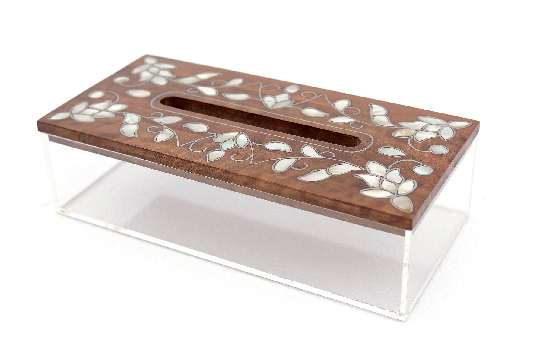 Tissue Box Rectangular Plexi with Cover solid walnut wood with inlay seashell mother of pearl (D25W12H6.5cm)