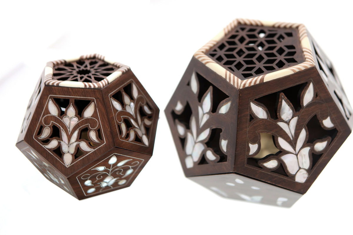 Mabkhara Geometric Hand Perforated Solid Walnut Wood with Inlay Seashell Mother of Pearl and Tin (D22W23H20cm)