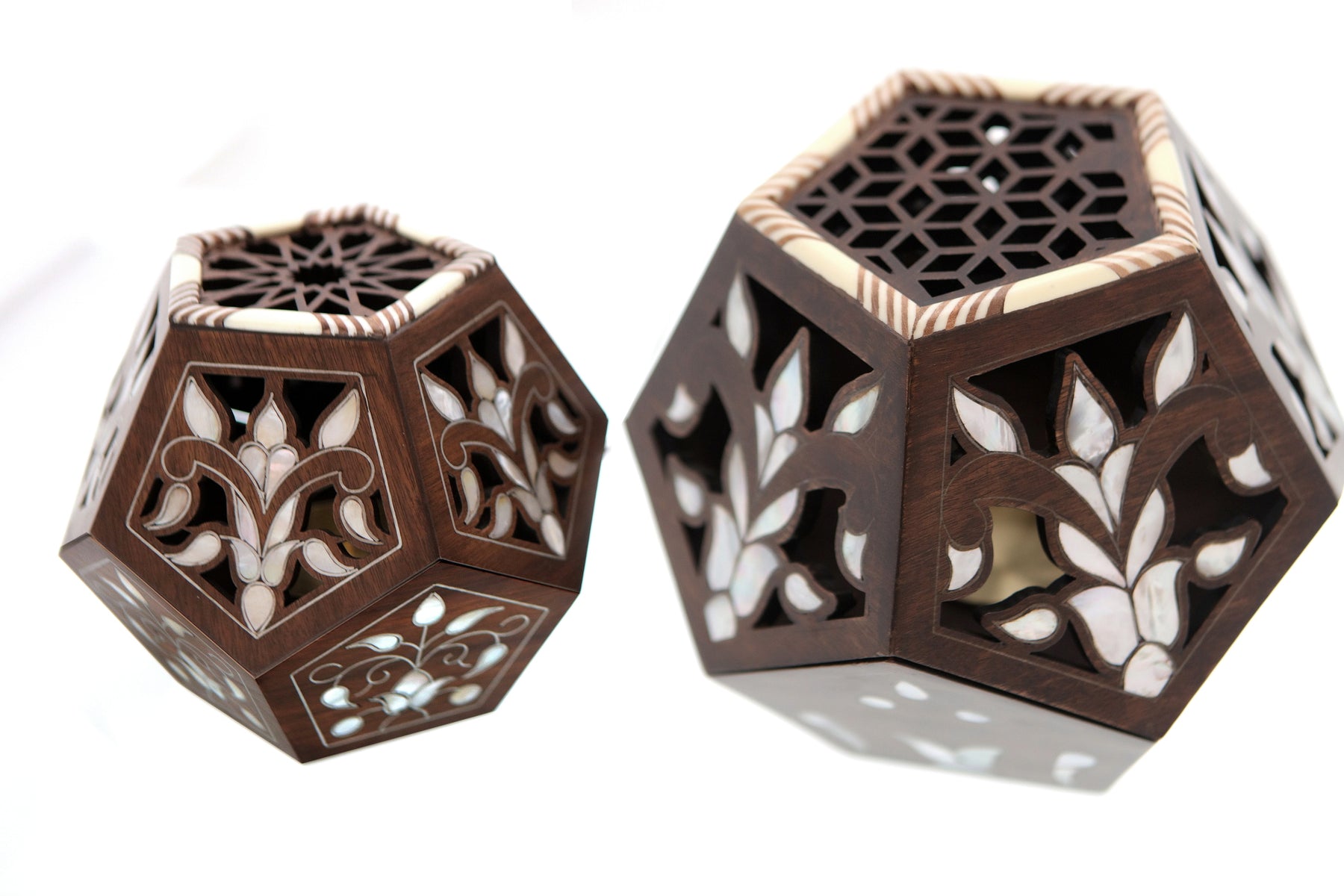 Mabkhara Geometric Hand Perforated Solid Walnut Wood with Inlay Seashell Mother of Pearl and Tin (D22W23H20cm)