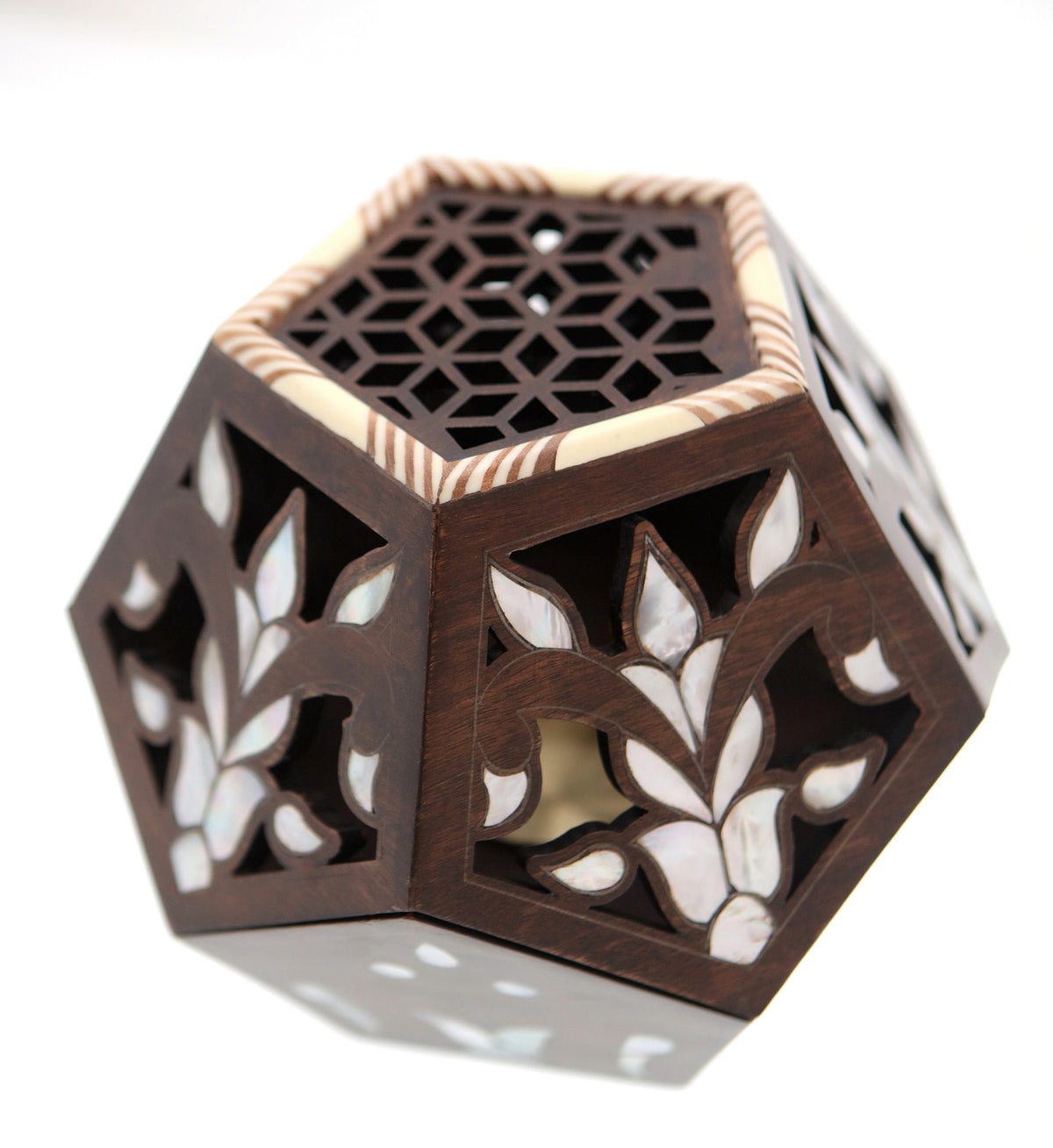Mabkhara Geometric Hand Perforated Solid Walnut Wood with Inlay Seashell Mother of Pearl and Tin (D22W23H20cm)